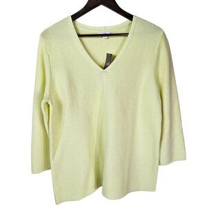 J. Jill Pastel Yellow V-Neck Knit Sweater L 3/4 Sleeves Cotton Blend Preppy